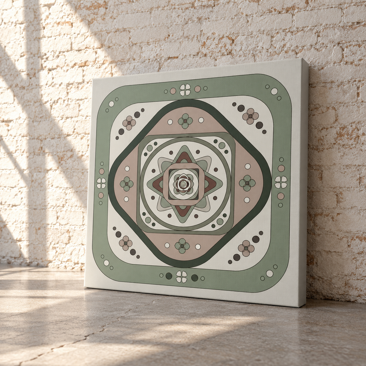 A square canvas wall art print with a geometric mandala design in muted sage green, beige, and dark charcoal, leaning against a white brick wall on a concrete floor.