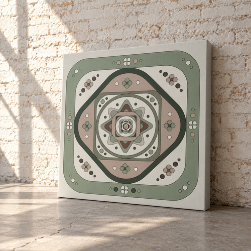 A square canvas wall art print with a geometric mandala design in muted sage green, beige, and dark charcoal, leaning against a white brick wall on a concrete floor.