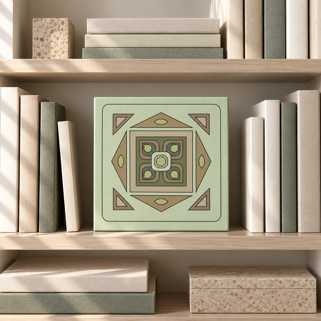 A square decorative wall art piece with a retro geometric pattern in sage green, beige, and brown, displayed on a light wood bookshelf between books.