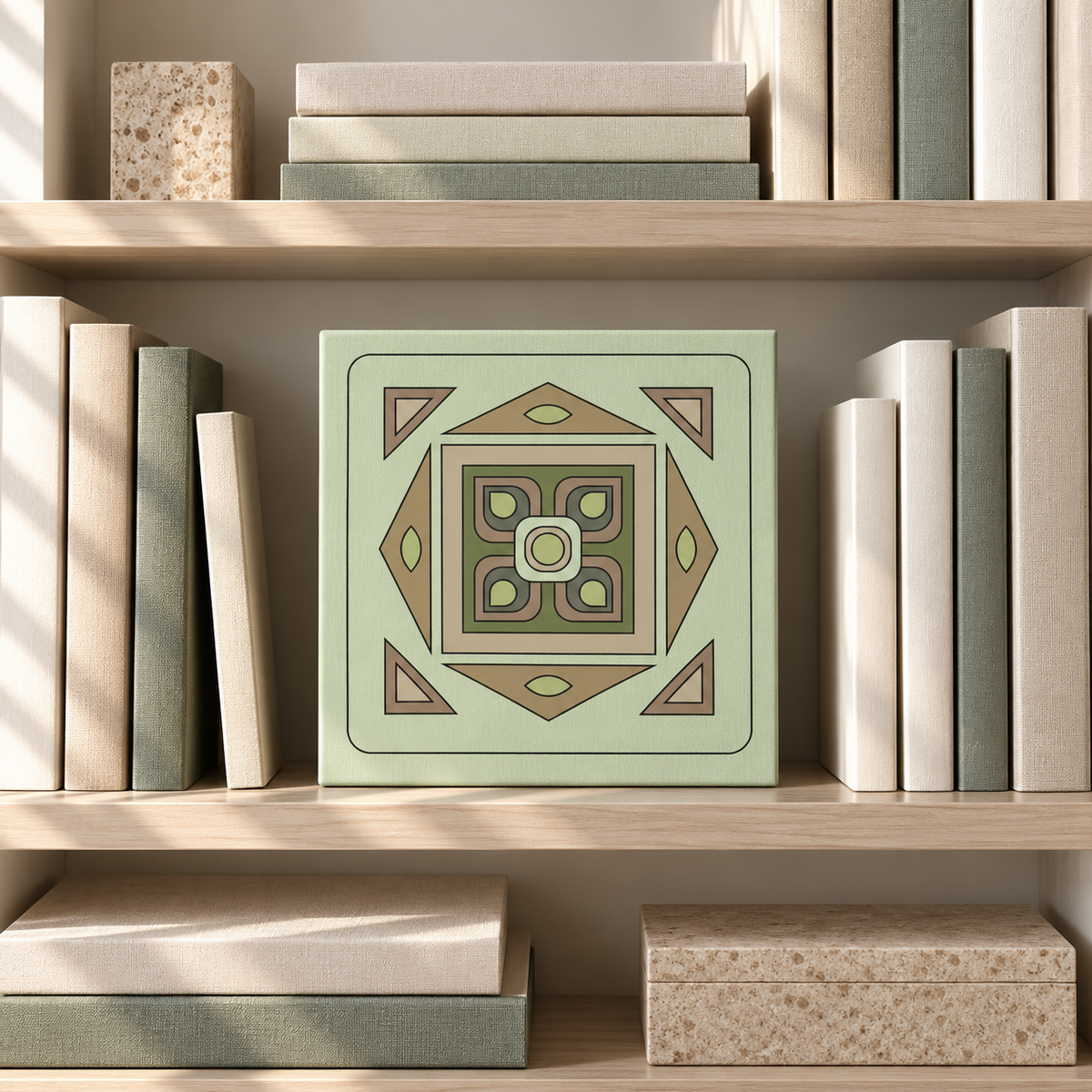 A square decorative wall art piece with a retro geometric pattern in sage green, beige, and brown, displayed on a light wood bookshelf between books.