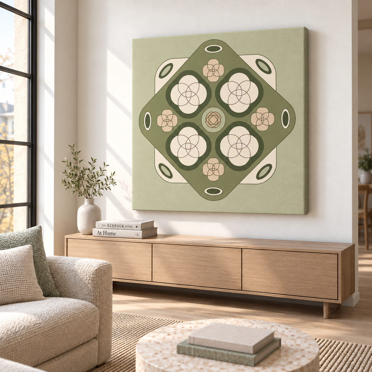 A large square canvas wall art print with a retro geometric floral pattern in sage green, cream, and beige, displayed on a white wall above a light wood console in a modern living room setting.