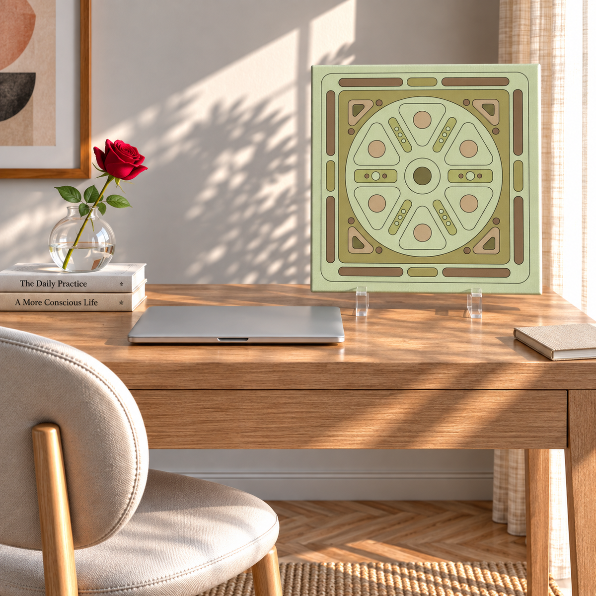 A square decorative wall art print with a retro geometric pattern in sage green, tan, and brown, displayed on a wooden desk in a sunlit home office setting.