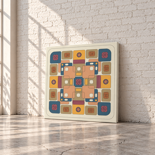 A square canvas print with a retro mid-century modern geometric pattern in warm tones of orange, yellow, blue, and beige, leaning against a white brick wall on a concrete floor with soft window shadows.