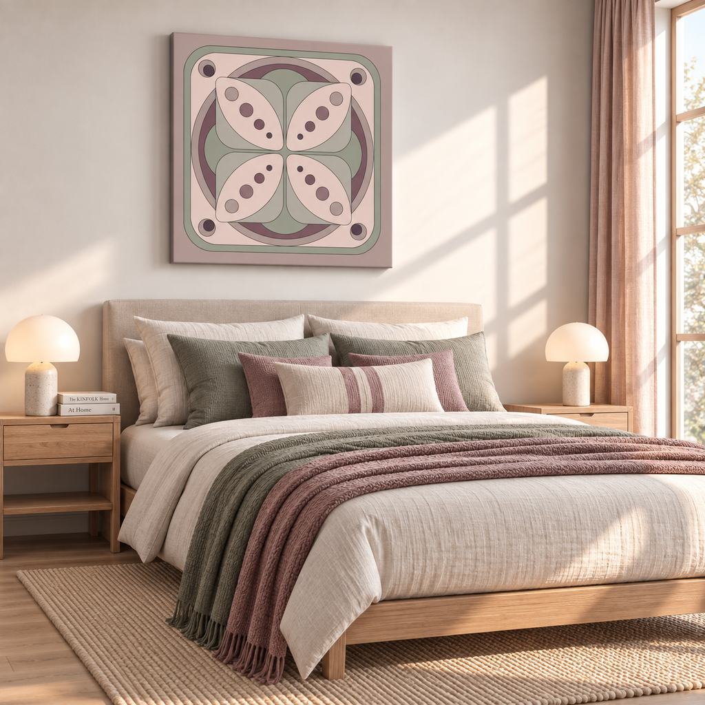 A styled bedroom scene with a bed dressed in neutral linens and a mauve-and-olive throw blanket, flanked by matching pillows, nightstands, lamps, and a large geometric wall art piece above the bed.
