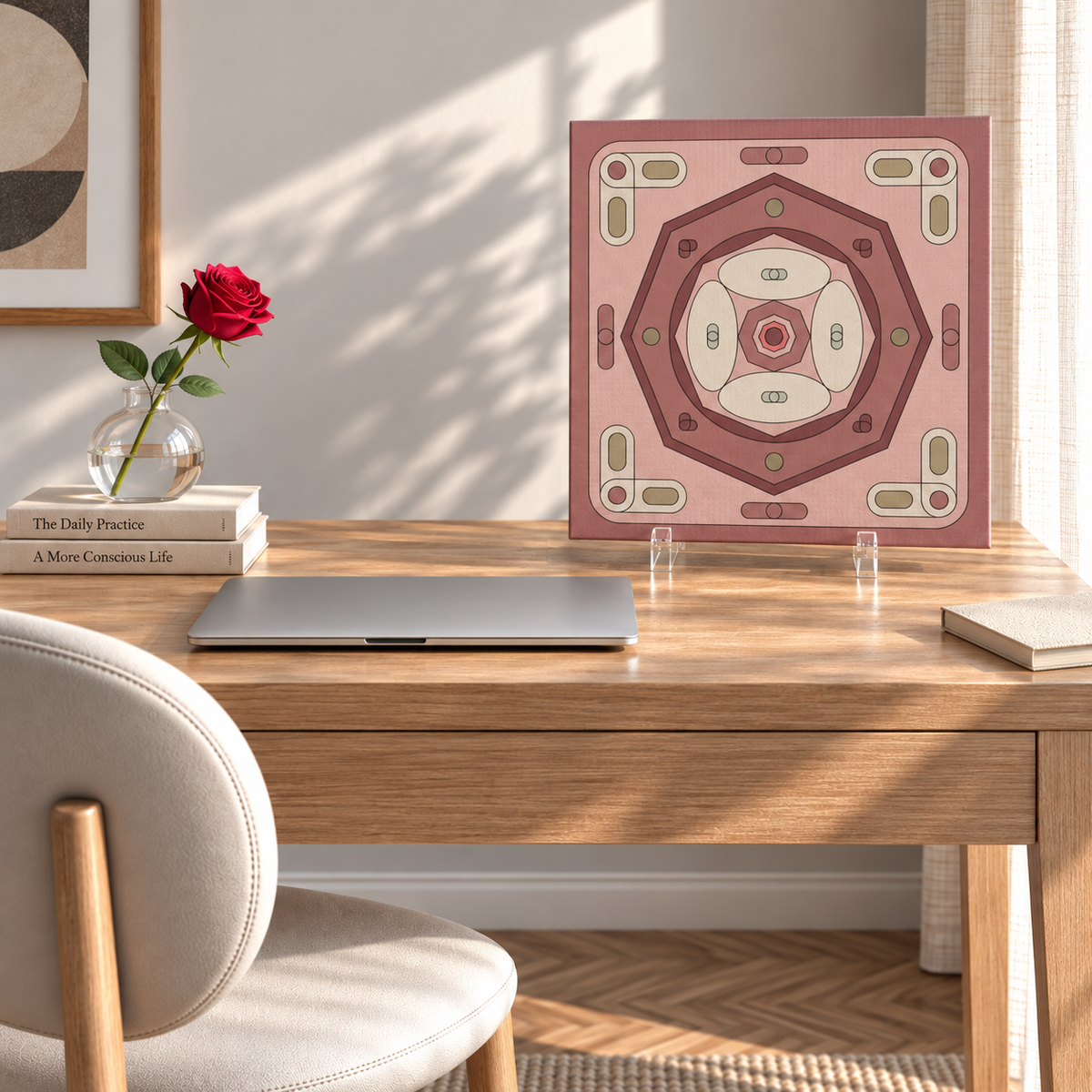 A square canvas wall art print with a layered geometric octagon design in dusty pink, rose, and cream tones, displayed on a wooden desk in a styled home office setting.
