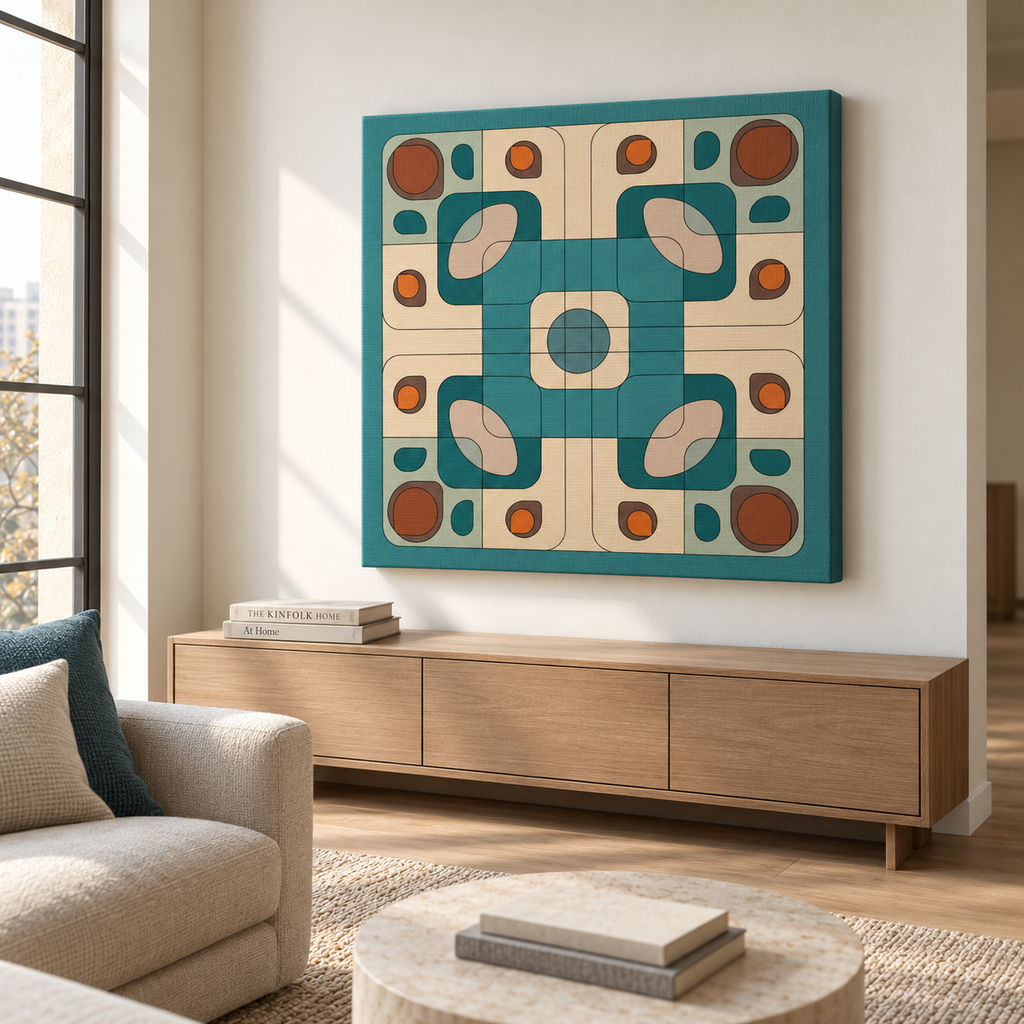 A square abstract wall art print with a mid-century geometric pattern in teal, cream, rust, and orange, displayed on a light wood console in a modern living room setting.