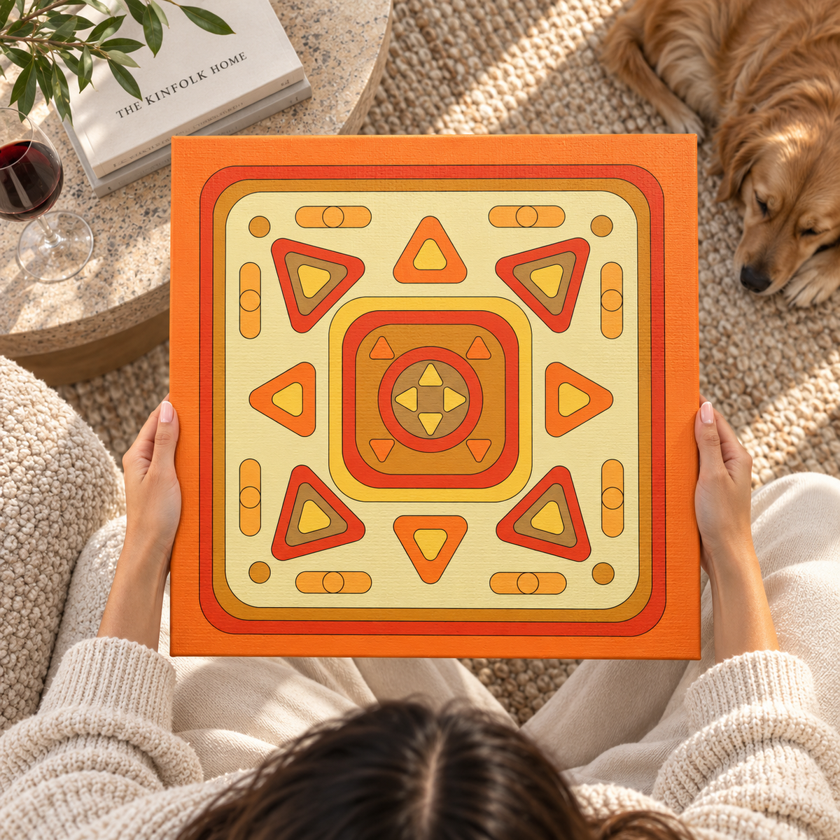 A person holds a square canvas print featuring a retro 1970s-style geometric pattern in orange, yellow, and red. The scene is set in a cozy living room with a golden retriever dog sleeping on a beige carpet in the background, a stone side table with a glass of red wine, and a book titled 'The Kansas Folk Home'.