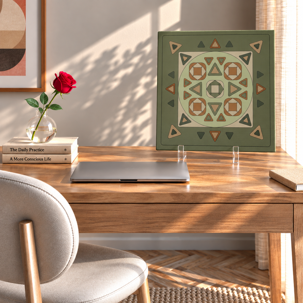 A square framed art print with a geometric tribal pattern in sage green, beige, and terracotta, displayed on a wooden desk in a sunlit room next to a laptop, a red rose, and a chair.