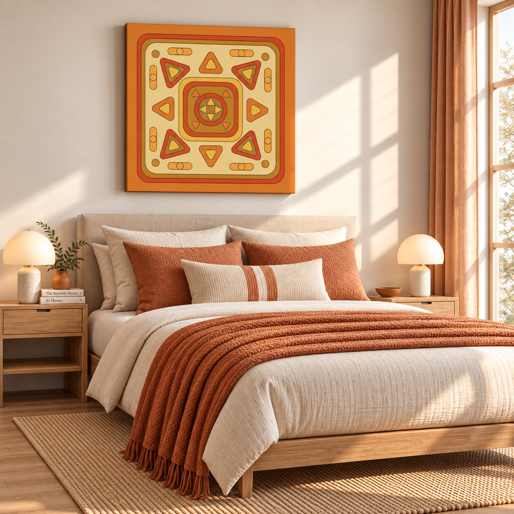 A styled bedroom scene with a bed dressed in cream bedding and rust-orange pillows and throw blanket, beneath a square framed wall art piece with geometric orange, yellow, and cream patterns. The room has warm neutral walls, wood furniture, lamps, and a window with curtains.