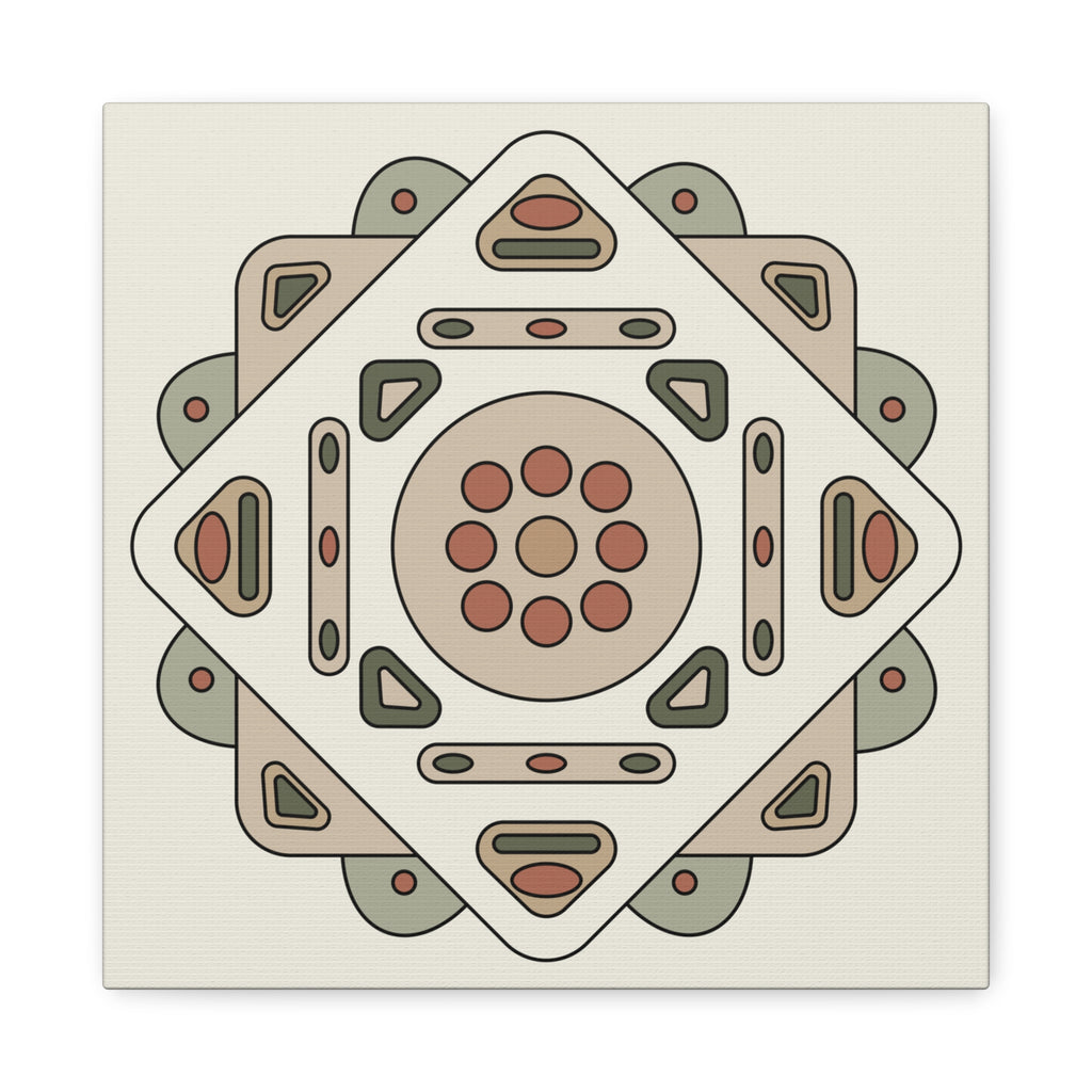 Still Point geometric canvas print, sage and rose concentric squares with circular center motif, cream background