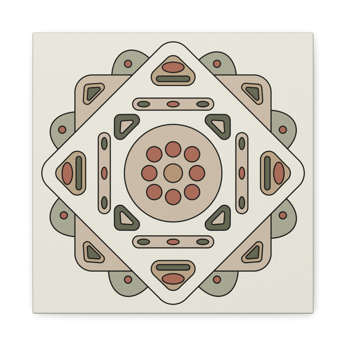 Still Point geometric canvas print, sage and rose concentric squares with circular center motif, cream background