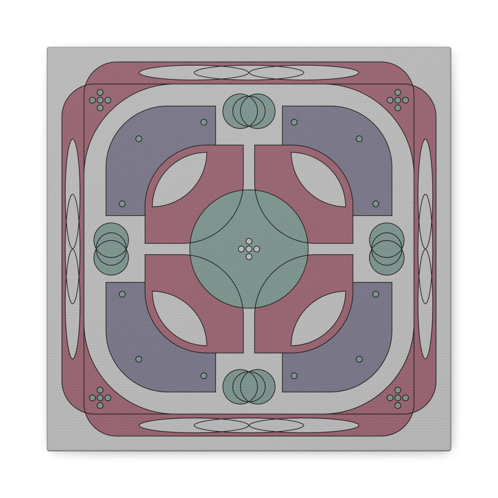 A square decorative art print featuring a symmetrical retro geometric pattern in dusty rose, sage green, lavender, and light gray on a white background.