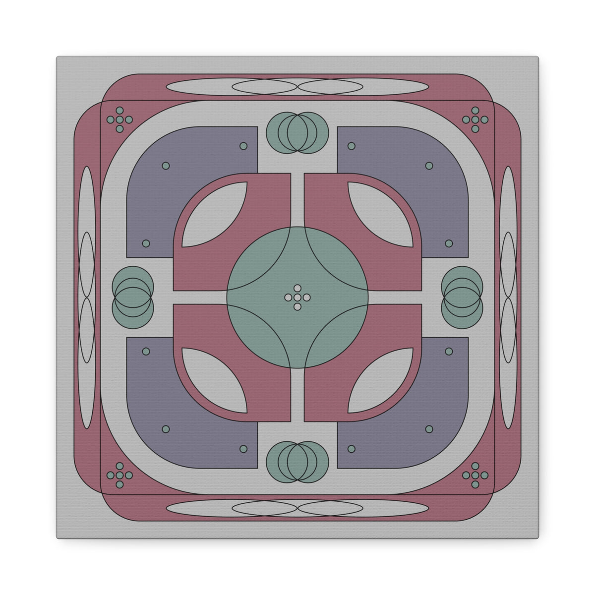 A square decorative art print featuring a symmetrical retro geometric pattern in dusty rose, sage green, lavender, and light gray on a white background.
