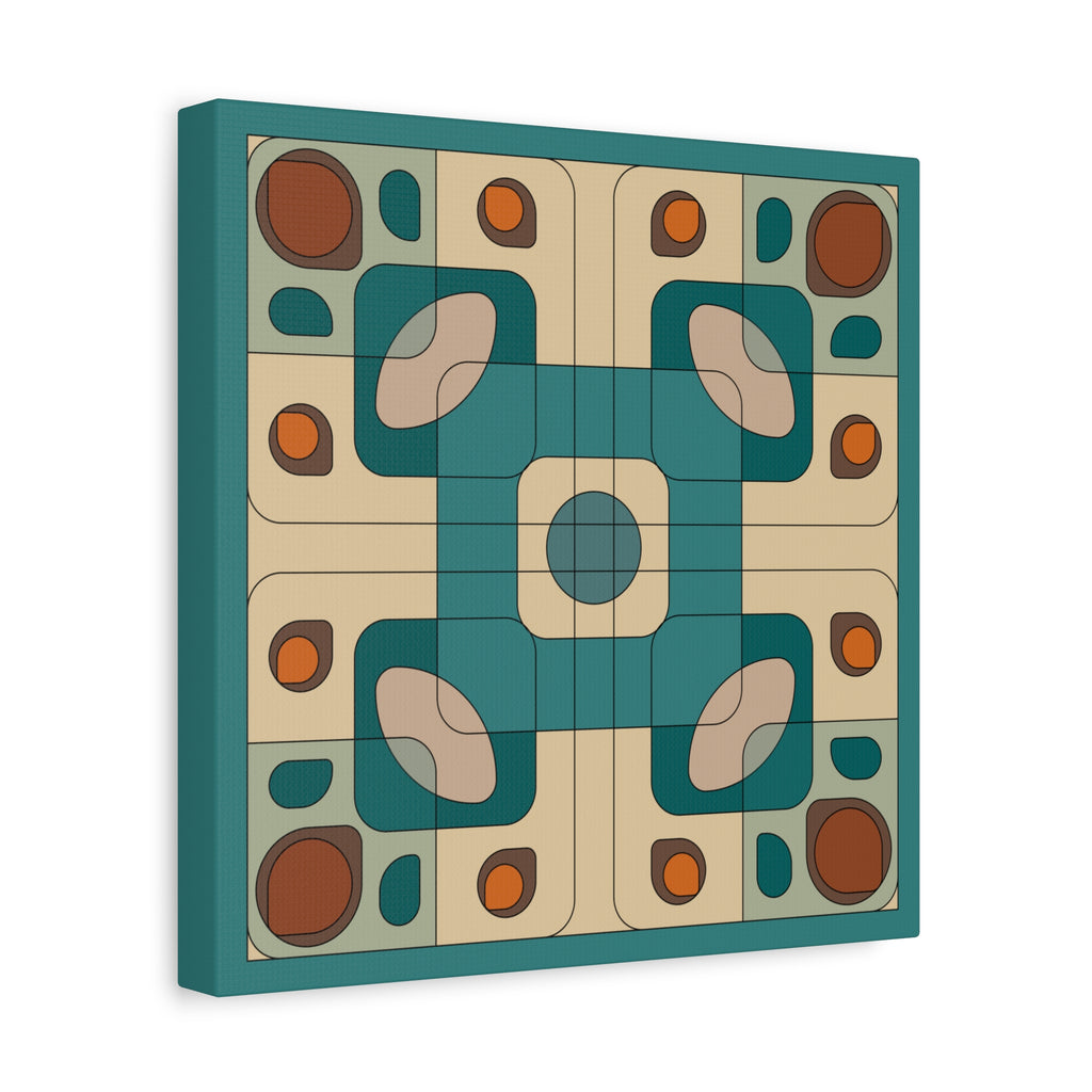 A square canvas wall art print featuring a mid-century modern geometric pattern in teal, beige, brown, and orange, shown at a three-quarter angle against a plain white background.