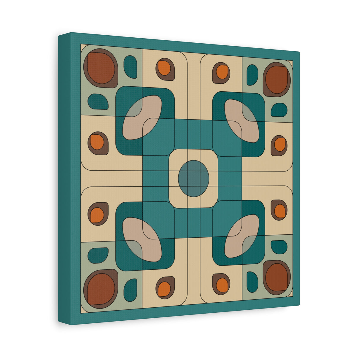 A square canvas wall art print featuring a mid-century modern geometric pattern in teal, beige, brown, and orange, shown at a three-quarter angle against a plain white background.