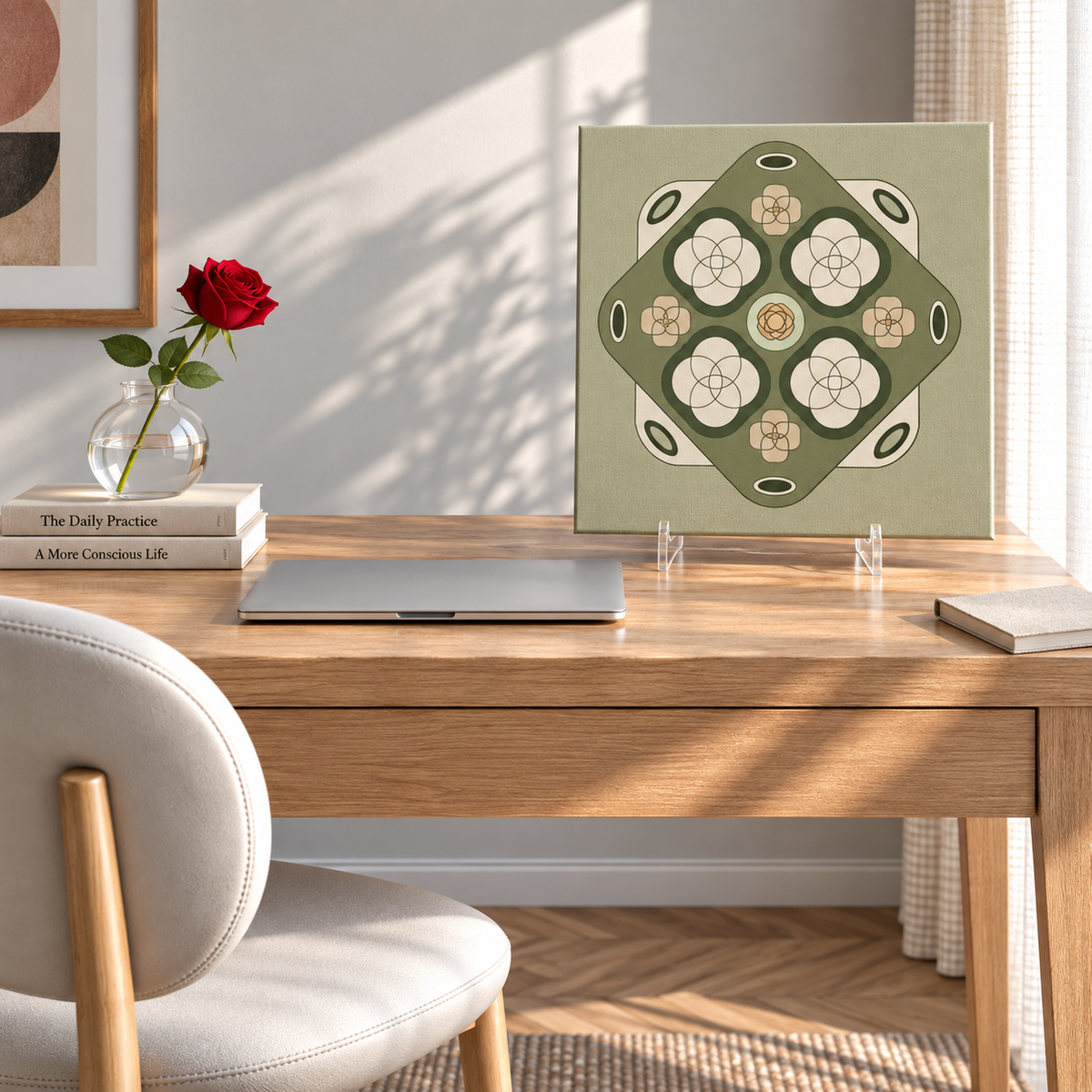 A square decorative art print with a geometric floral pattern in sage green, cream, and olive tones, displayed on a wooden desk in a styled home office setting with a chair, laptop, and a red rose.