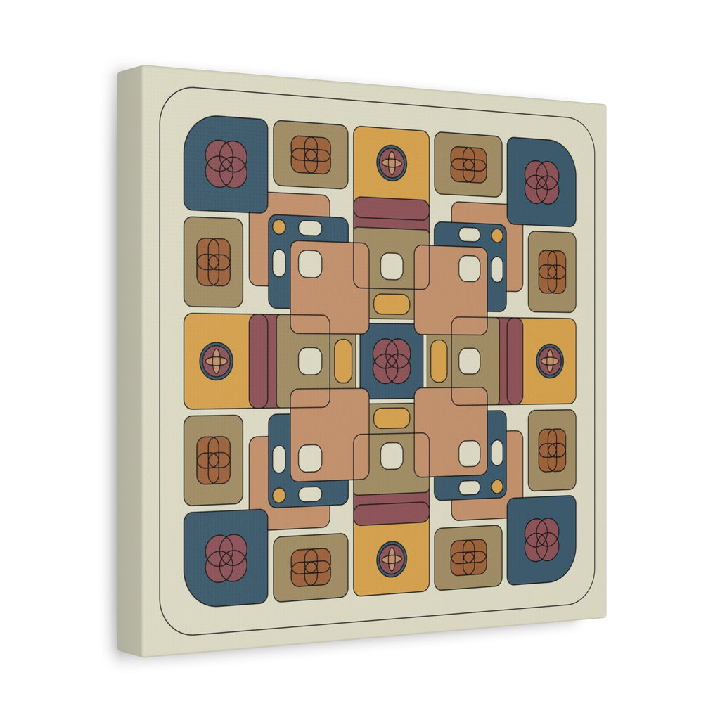 Square canvas print with geometric abstract design in earthy tones on a beige background