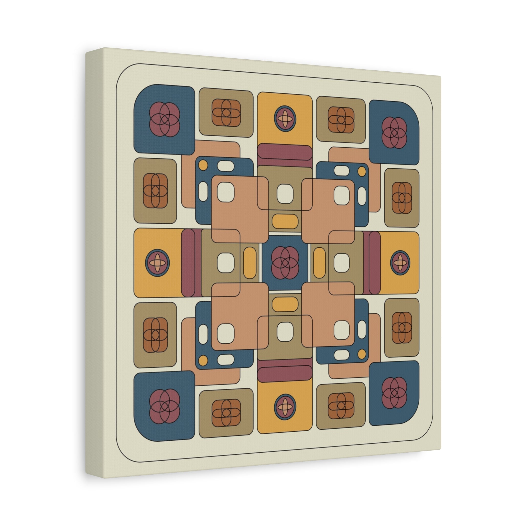 Square canvas print with geometric abstract design in earthy tones on a beige background