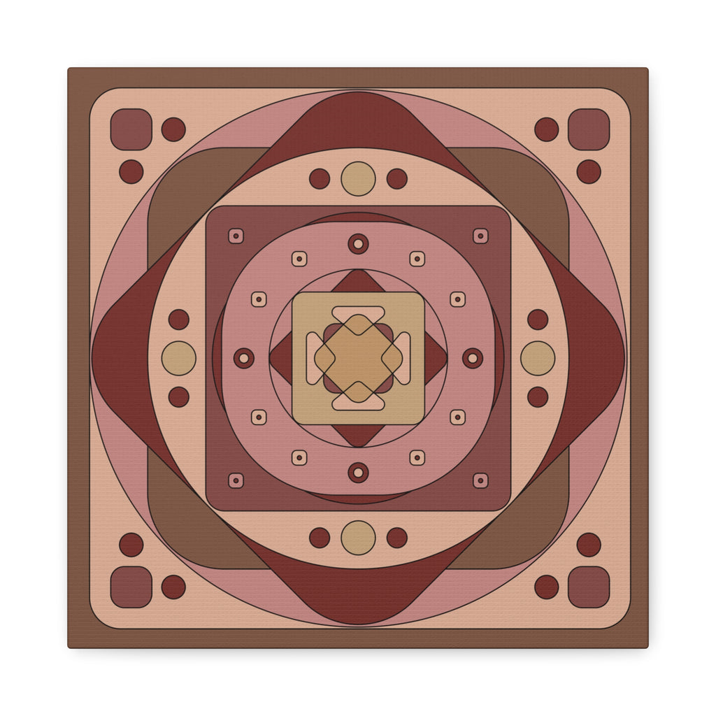 A square decorative tile or coaster featuring a symmetrical geometric mandala pattern in shades of brown, terracotta, beige, and muted pink, shown on a plain white background.