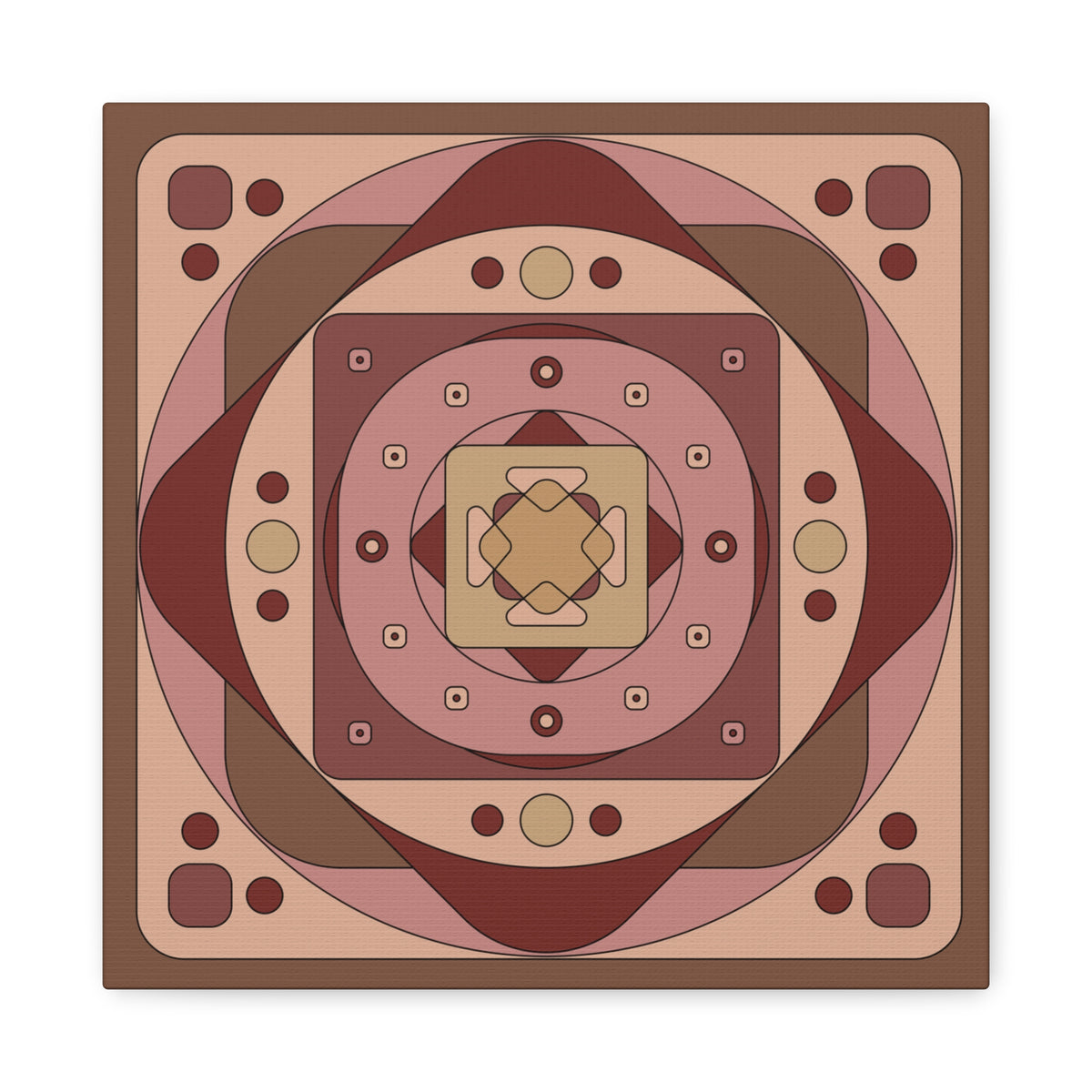 A square decorative tile or coaster featuring a symmetrical geometric mandala pattern in shades of brown, terracotta, beige, and muted pink, shown on a plain white background.
