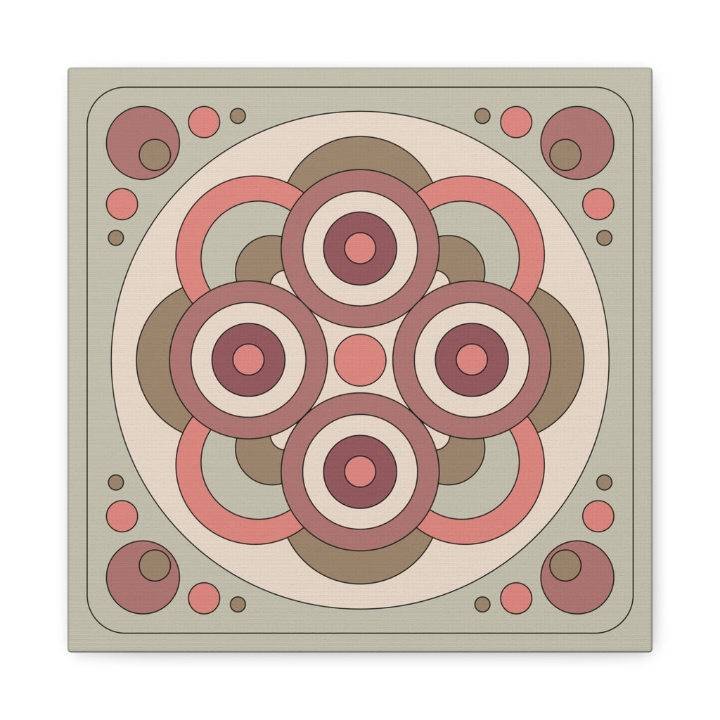 A square decorative tile or coaster featuring a retro 1970s-style geometric pattern with concentric circles and arcs in muted pink, terracotta, taupe, and cream tones on a light sage background.