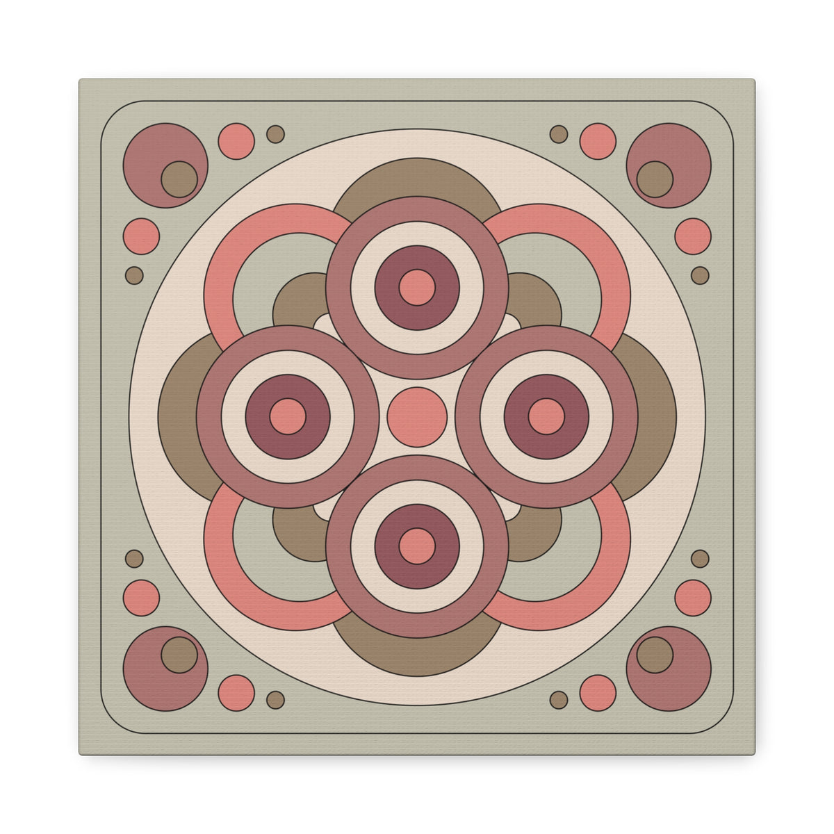 A square decorative tile or coaster featuring a retro 1970s-style geometric pattern with concentric circles and arcs in muted pink, terracotta, taupe, and cream tones on a light sage background.