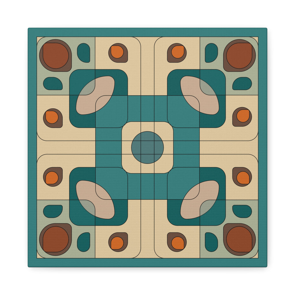 A square abstract geometric artwork with a symmetrical retro pattern in teal, beige, brown, and orange, centered on a white background.