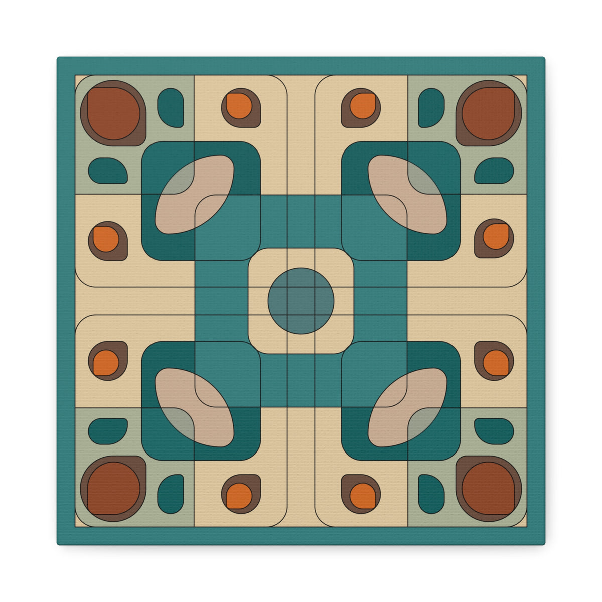 A square abstract geometric artwork with a symmetrical retro pattern in teal, beige, brown, and orange, centered on a white background.