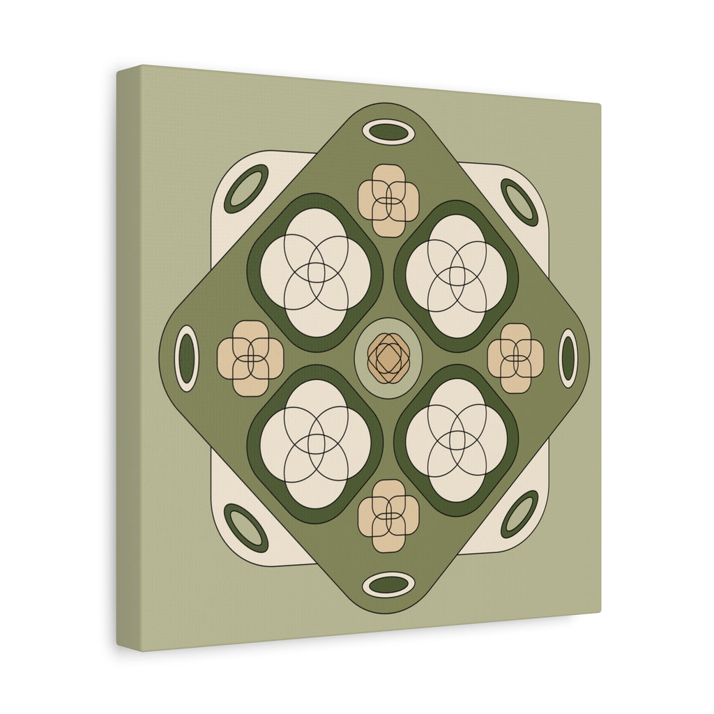 A square canvas wall art print featuring a symmetrical geometric and floral design in muted sage green, cream, and tan tones, shown at a slight angle against a plain white background.