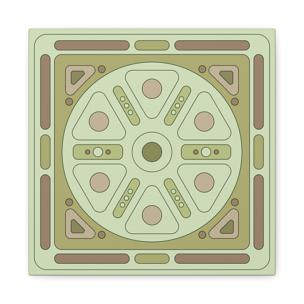 A square decorative tile or coaster featuring a symmetrical geometric pattern in sage green, olive green, tan, and brown, shown on a plain white background.