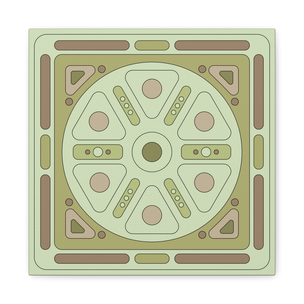A square decorative tile or coaster featuring a symmetrical geometric pattern in sage green, olive green, tan, and brown, shown on a plain white background.