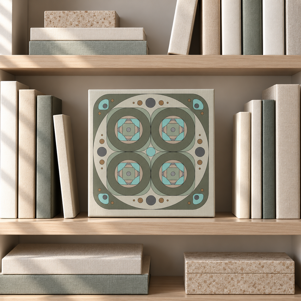 A square canvas wall art print featuring a symmetrical geometric mandala pattern in muted sage green, beige, and turquoise, displayed on a wooden bookshelf between books and storage boxes.