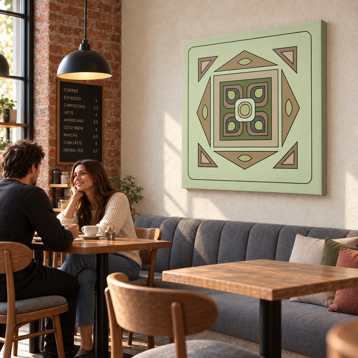 A square canvas wall art print featuring a retro geometric pattern in sage green, beige, and brown, displayed on a wall in a cozy, sunlit cafe with a couple seated at a table below.