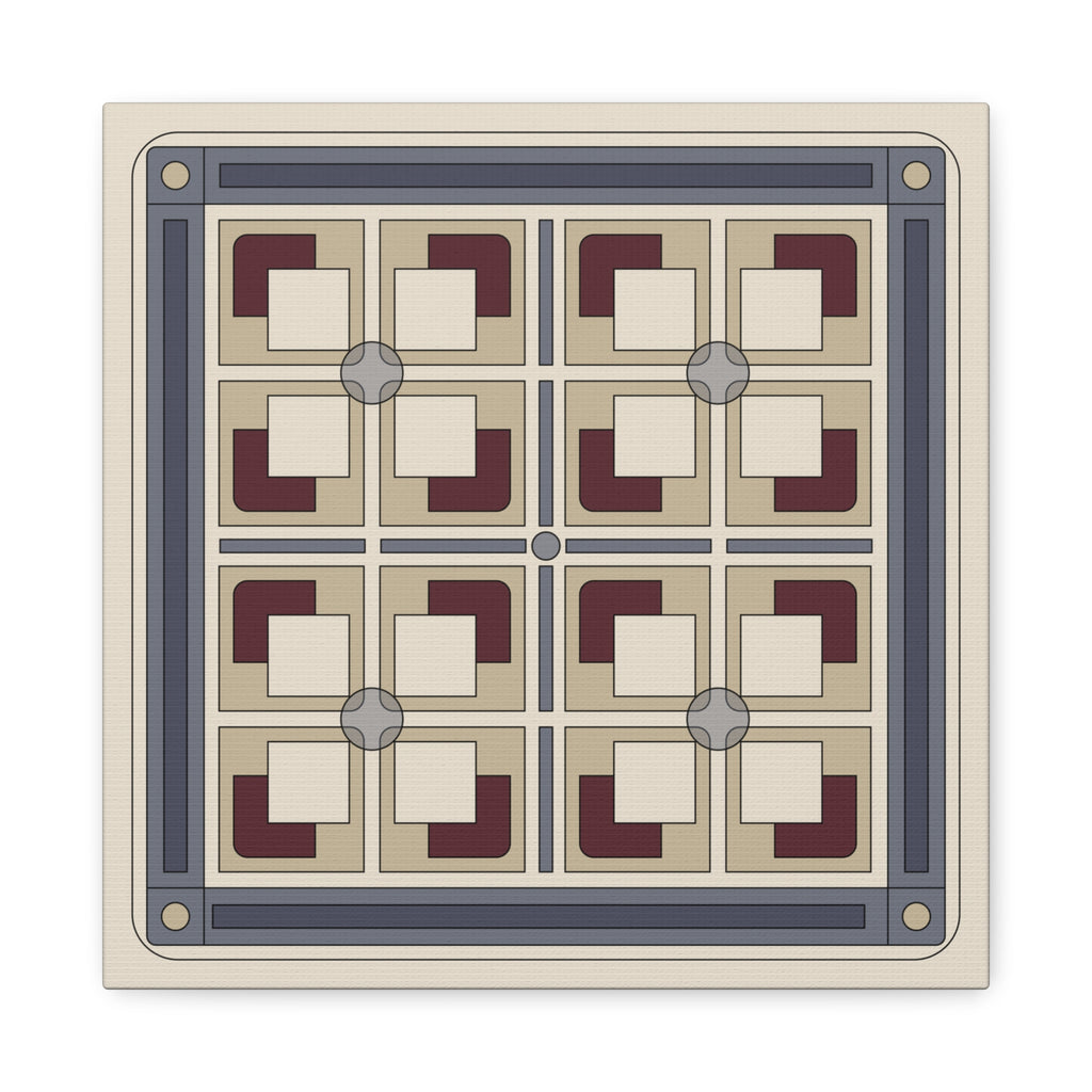 A square decorative tile or panel with a geometric pattern, featuring a cream and beige background with dark gray borders and dark red corner accents, shown on a plain white background.