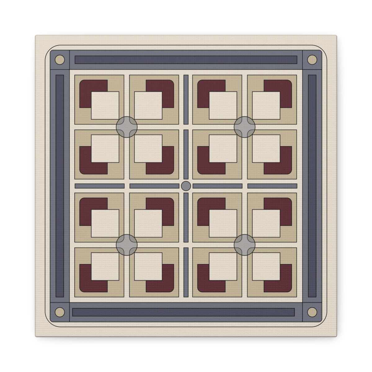 A square decorative tile or panel with a geometric pattern, featuring a cream and beige background with dark gray borders and dark red corner accents, shown on a plain white background.