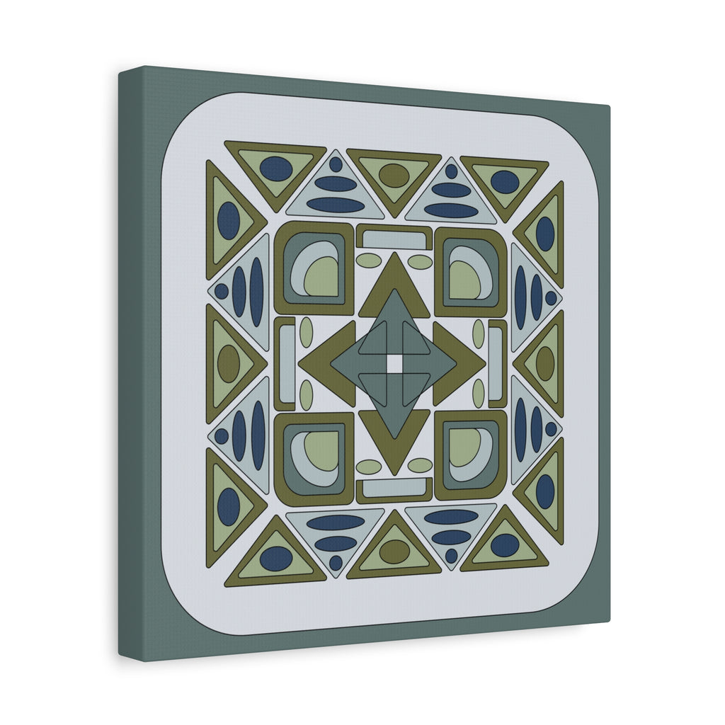 Geometric patterned tile with green and blue design on a white background