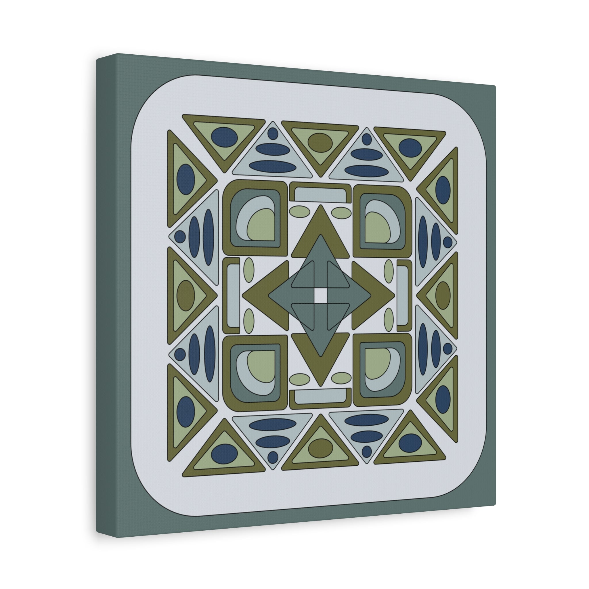 Geometric patterned tile with green and blue design on a white background