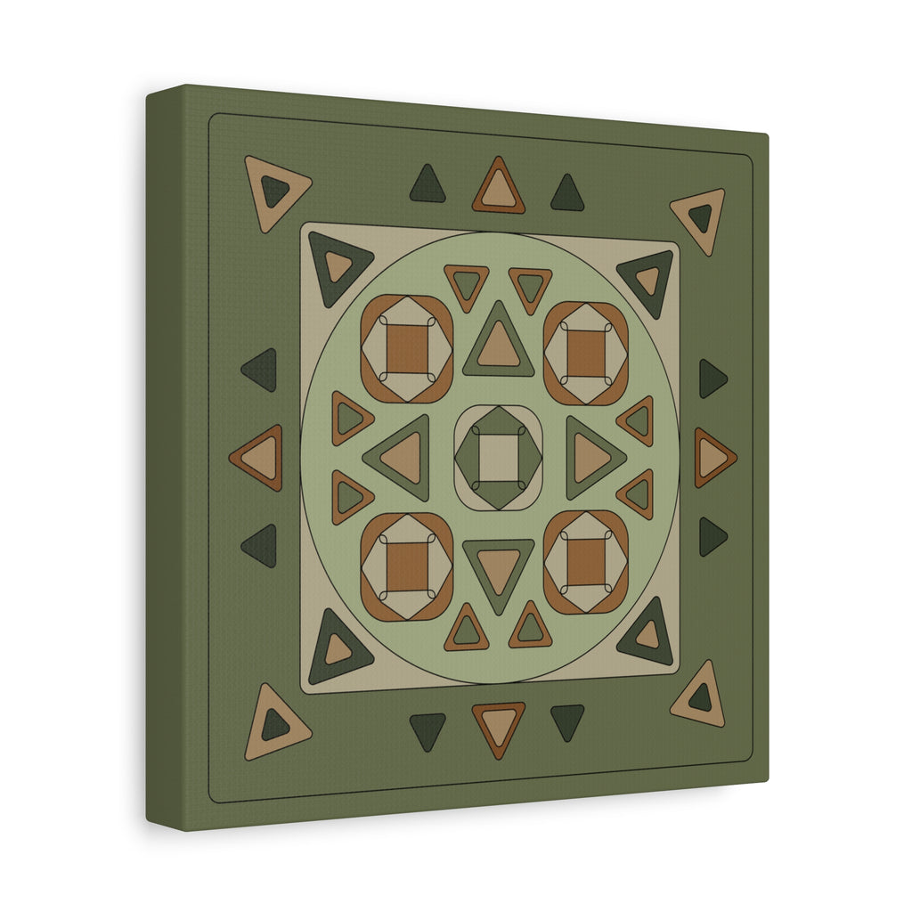 A square canvas wall art print featuring a symmetrical geometric tribal pattern in olive green, beige, brown, and dark gray, shown at a three-quarter angle on a white background.
