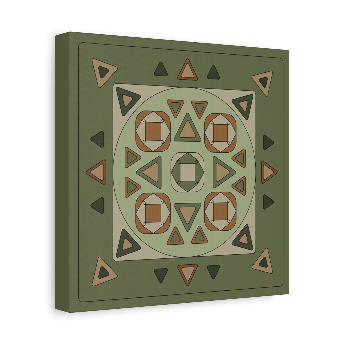 A square canvas wall art print featuring a symmetrical geometric tribal pattern in olive green, beige, brown, and dark gray, shown at a three-quarter angle on a white background.