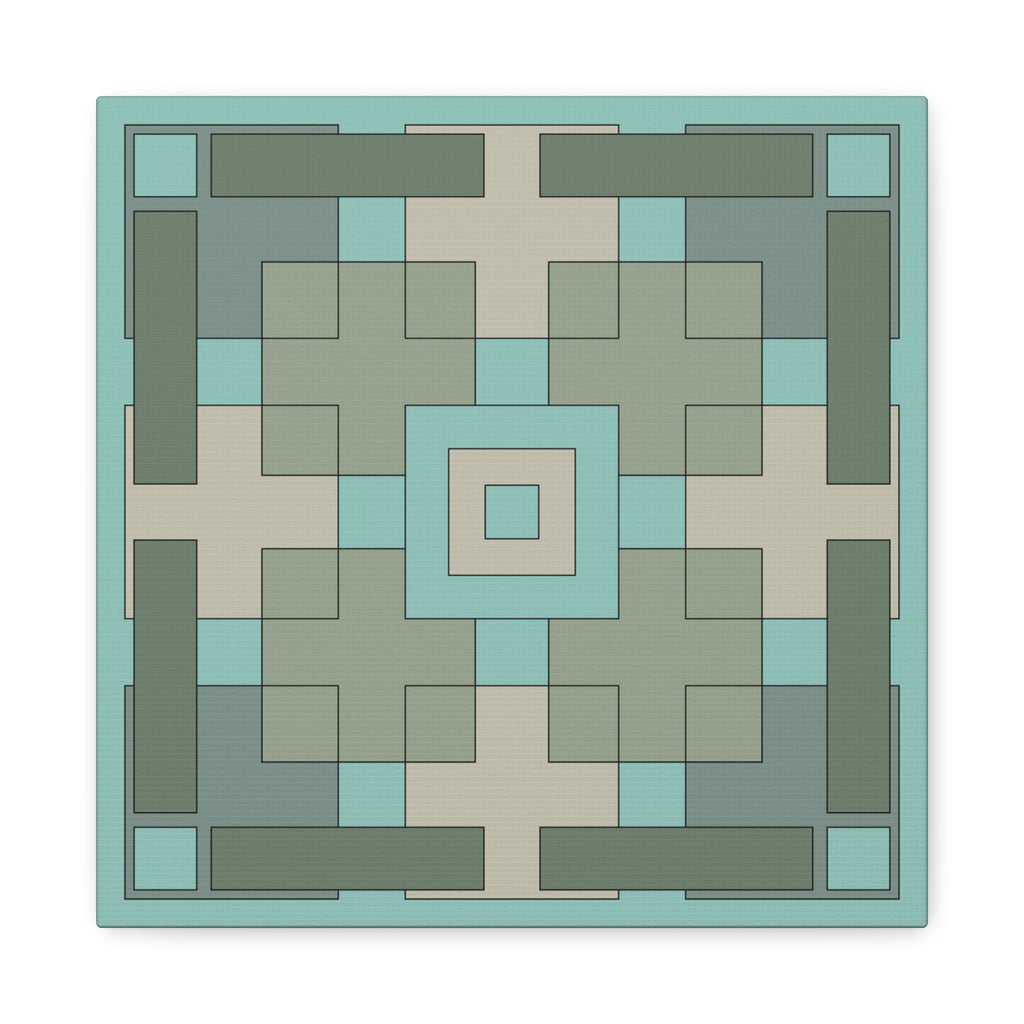 A square geometric pattern tile or coaster with a symmetrical, concentric design in shades of sage green, teal, and beige, shown on a clean white background with a subtle drop shadow.