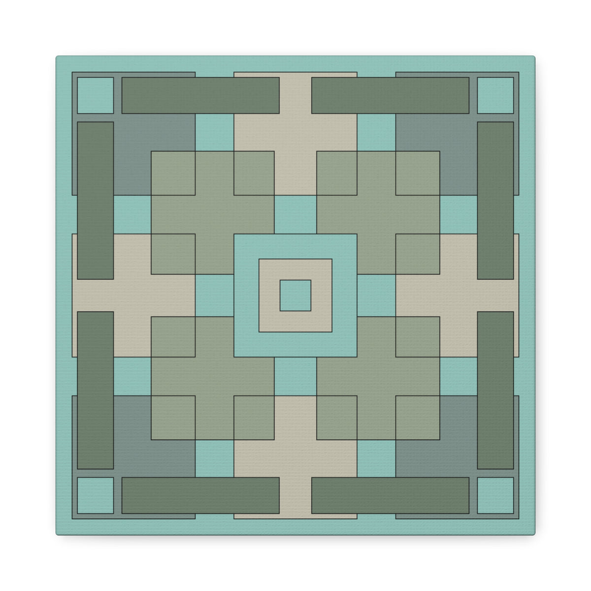 A square geometric pattern tile or coaster with a symmetrical, concentric design in shades of sage green, teal, and beige, shown on a clean white background with a subtle drop shadow.