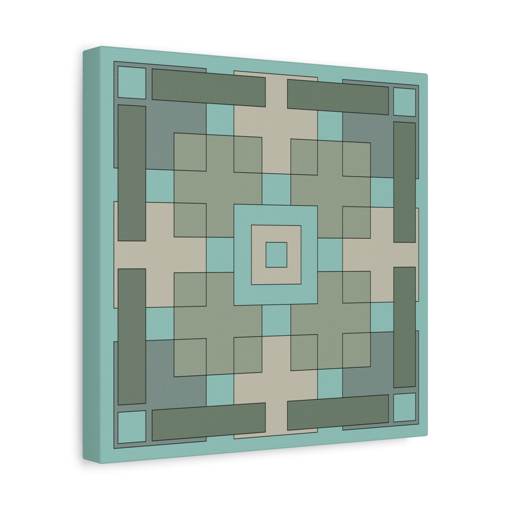 A square canvas wall art print featuring a geometric, symmetrical pattern in shades of teal, sage green, taupe, and dark gray, shown at a three-quarter angle against a plain white background.