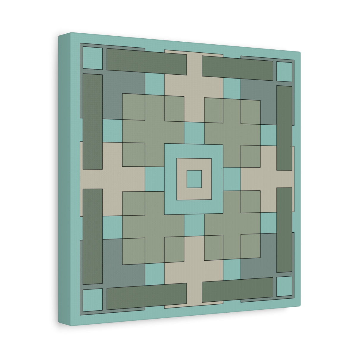 A square canvas wall art print featuring a geometric, symmetrical pattern in shades of teal, sage green, taupe, and dark gray, shown at a three-quarter angle against a plain white background.