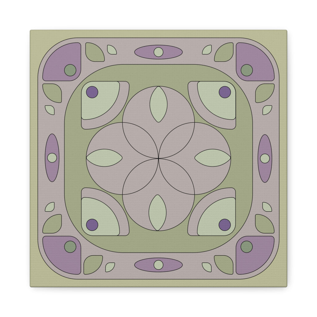 A square decorative tile or coaster featuring a symmetrical Art Deco style pattern in muted sage green, lavender purple, and taupe-gray tones.