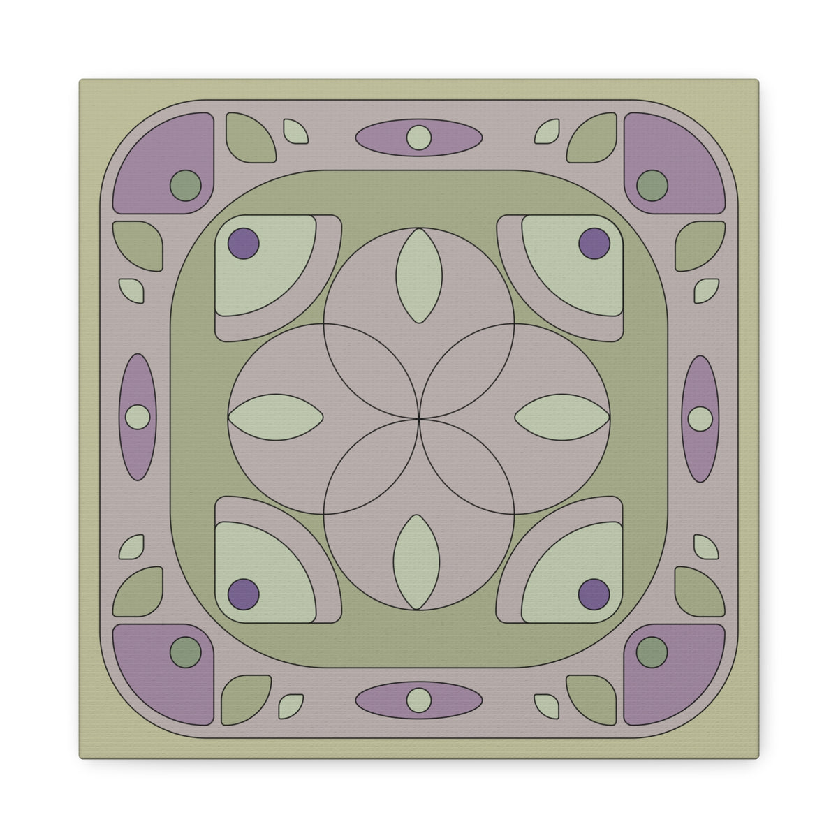 A square decorative tile or coaster featuring a symmetrical Art Deco style pattern in muted sage green, lavender purple, and taupe-gray tones.