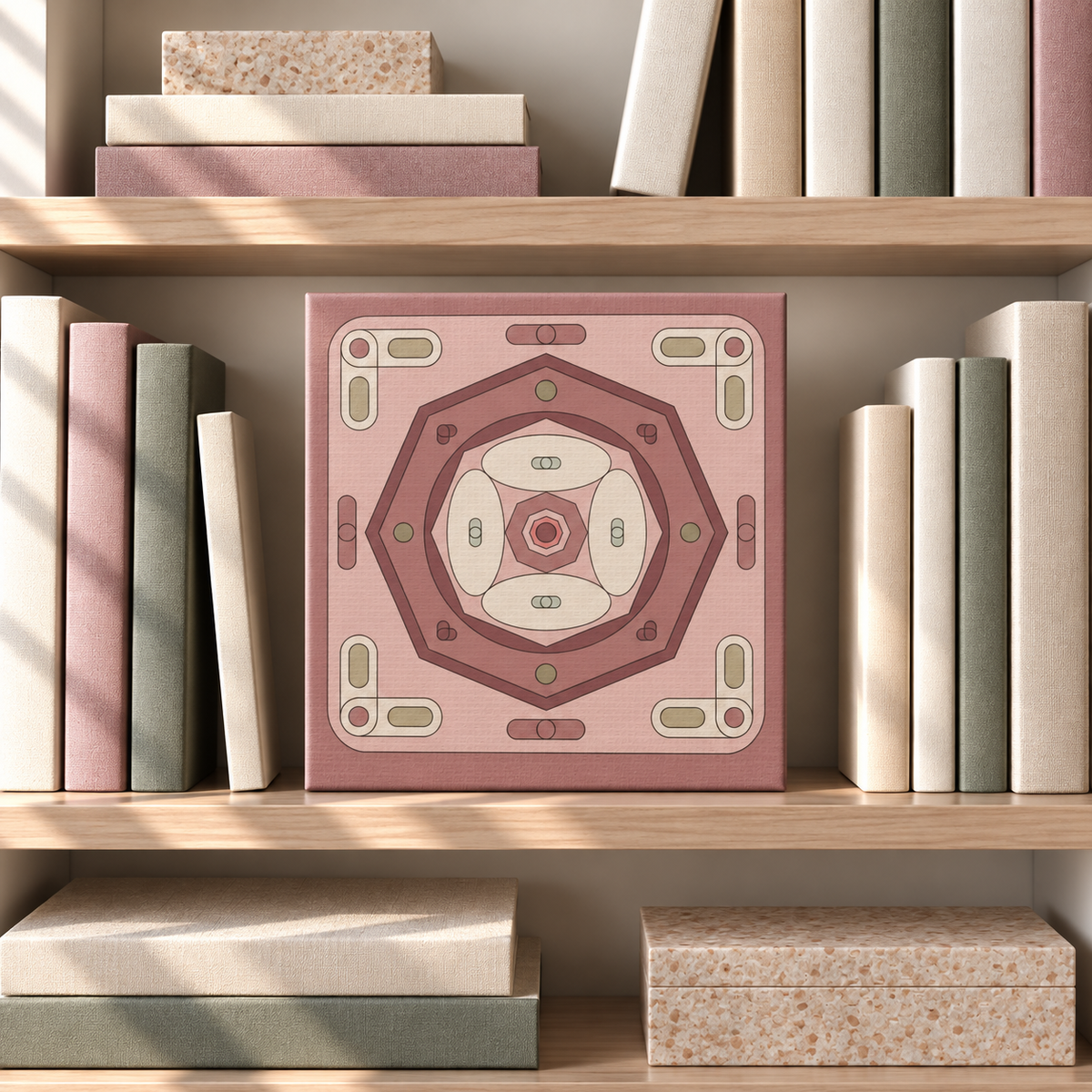 A square decorative tile or coaster with a pink and beige geometric pattern, displayed on a wooden bookshelf surrounded by books and storage boxes.