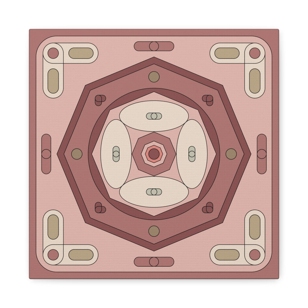 A square decorative tile or coaster featuring a symmetrical geometric pattern in shades of dusty rose, terracotta, cream, and olive green.