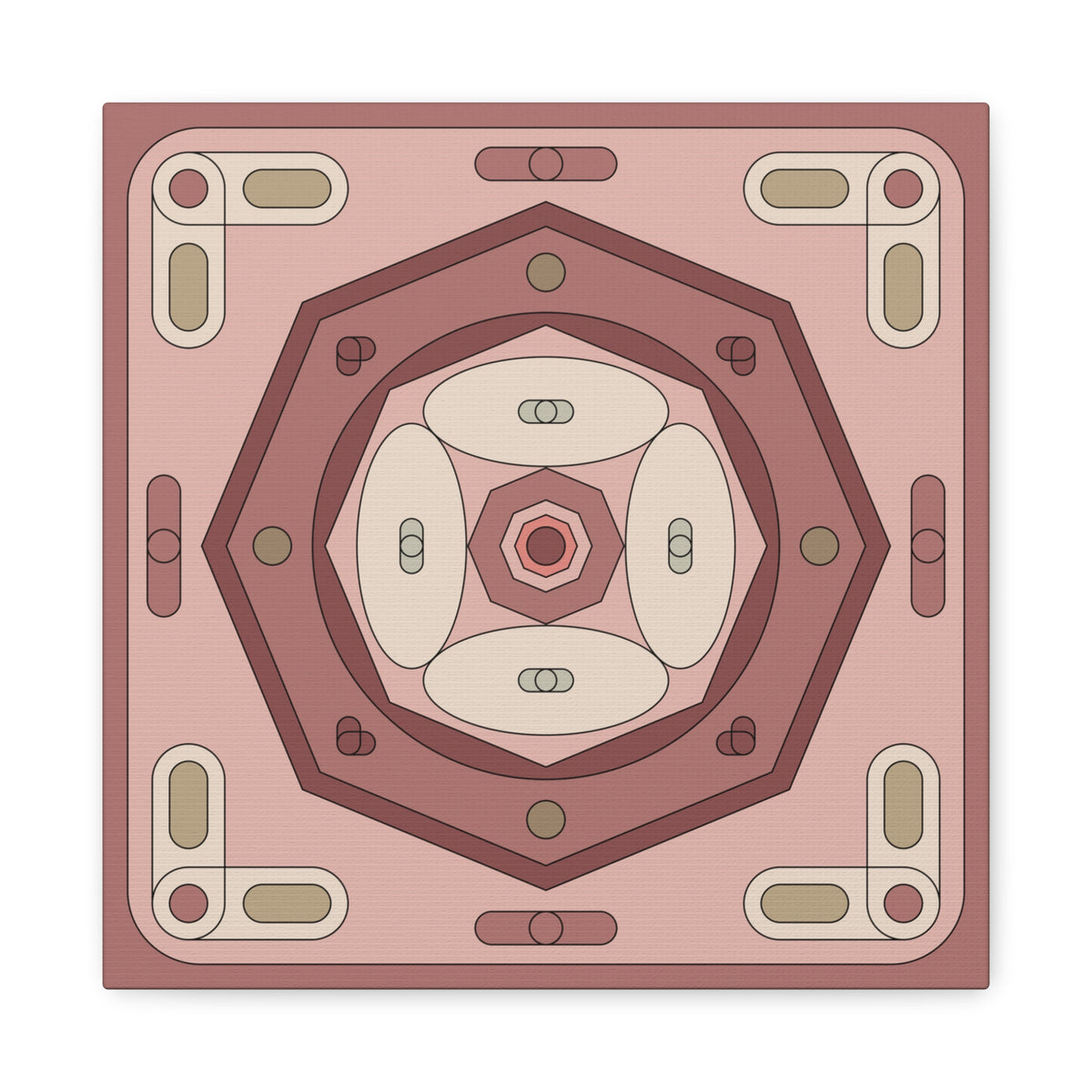 A square decorative tile or coaster featuring a symmetrical geometric pattern in shades of dusty rose, terracotta, cream, and olive green.