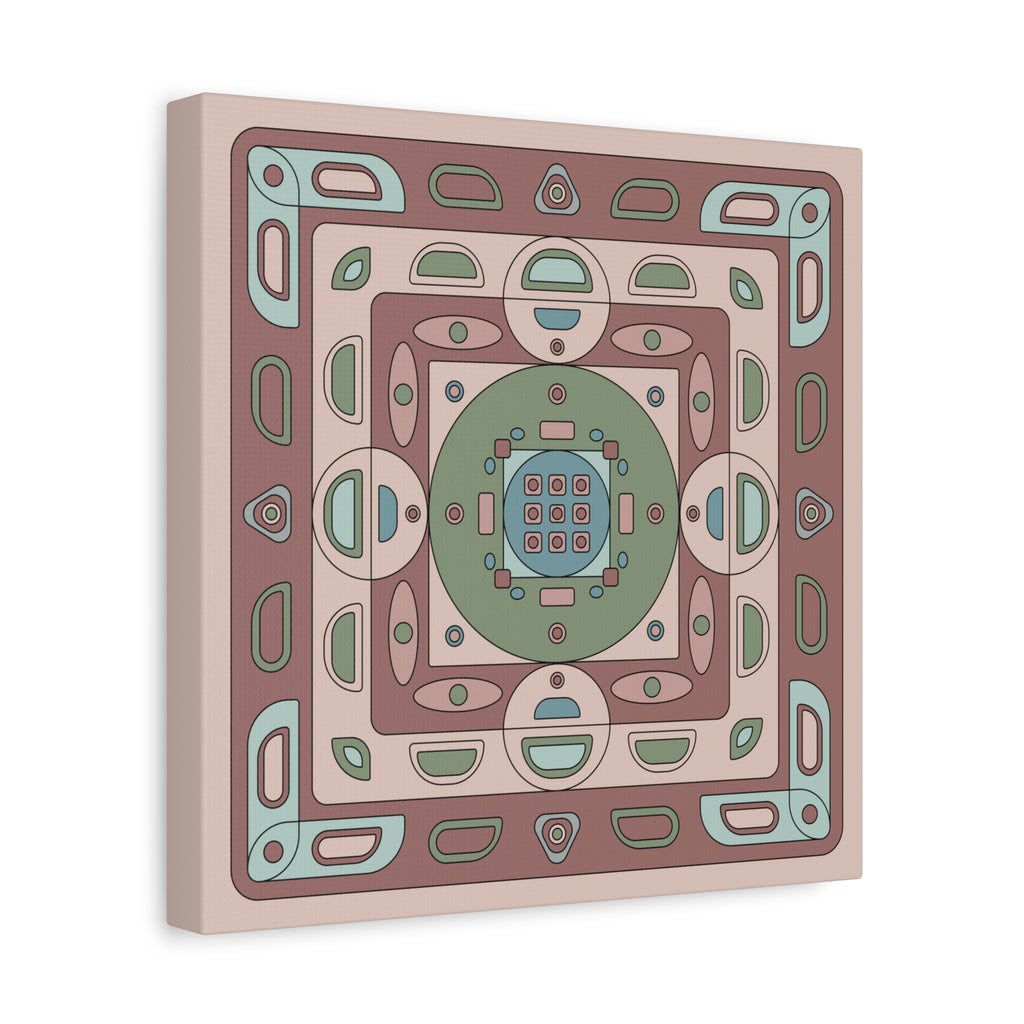 Square canvas print with a geometric design in earthy tones on a beige background