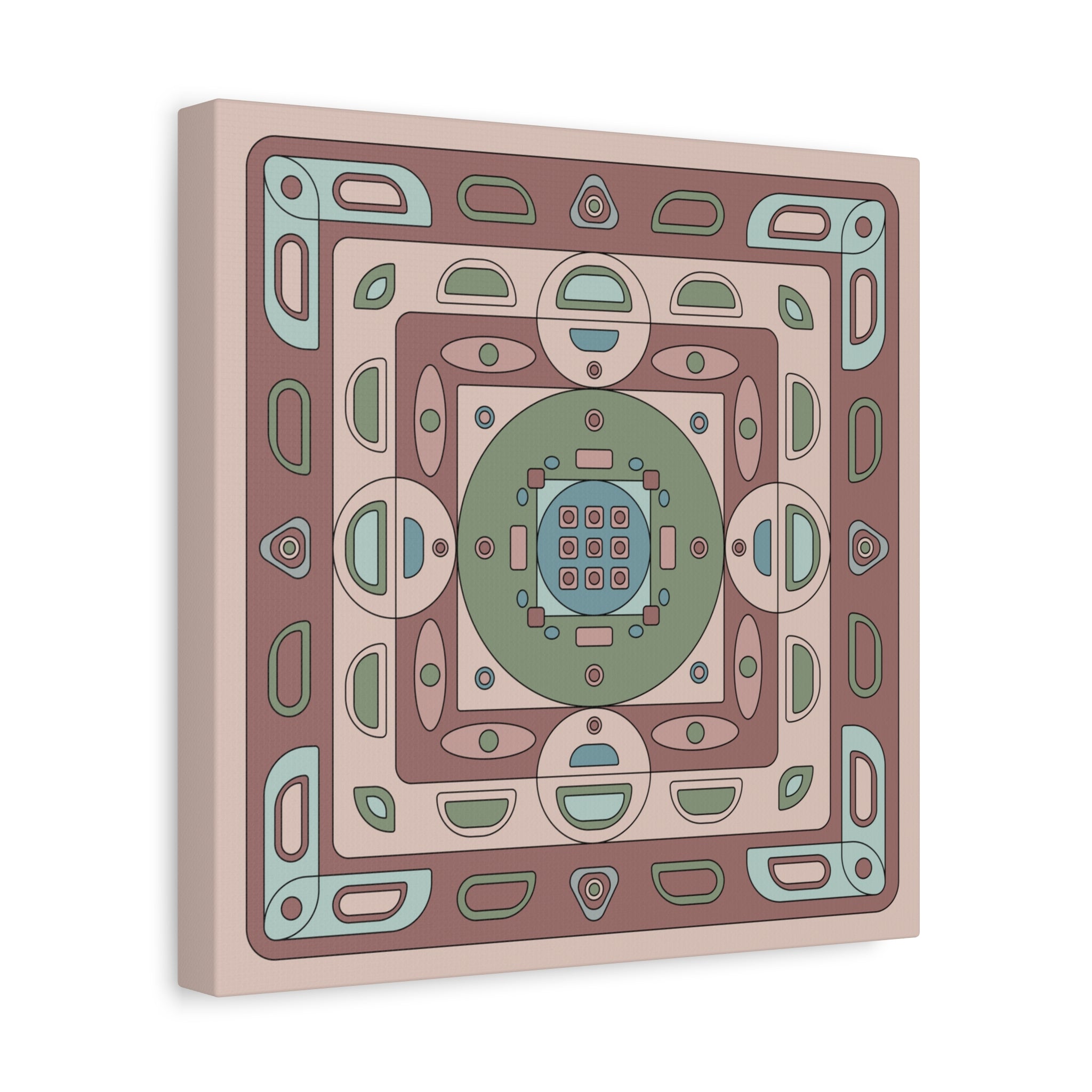 Square canvas print with a geometric design in earthy tones on a beige background